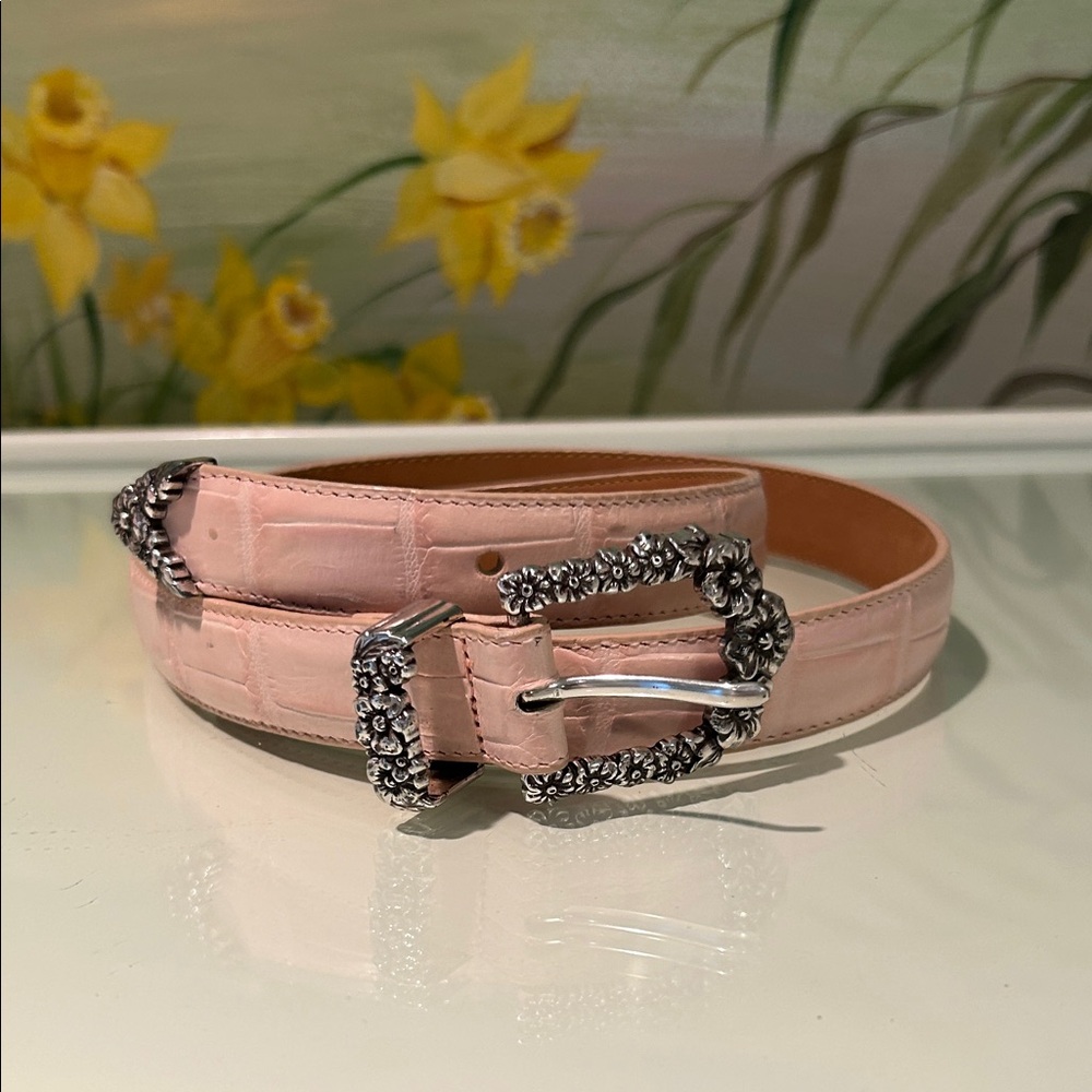Brighton Pink Leather Croc-Embossed Belt with Floral Silver Buckle. Vintage